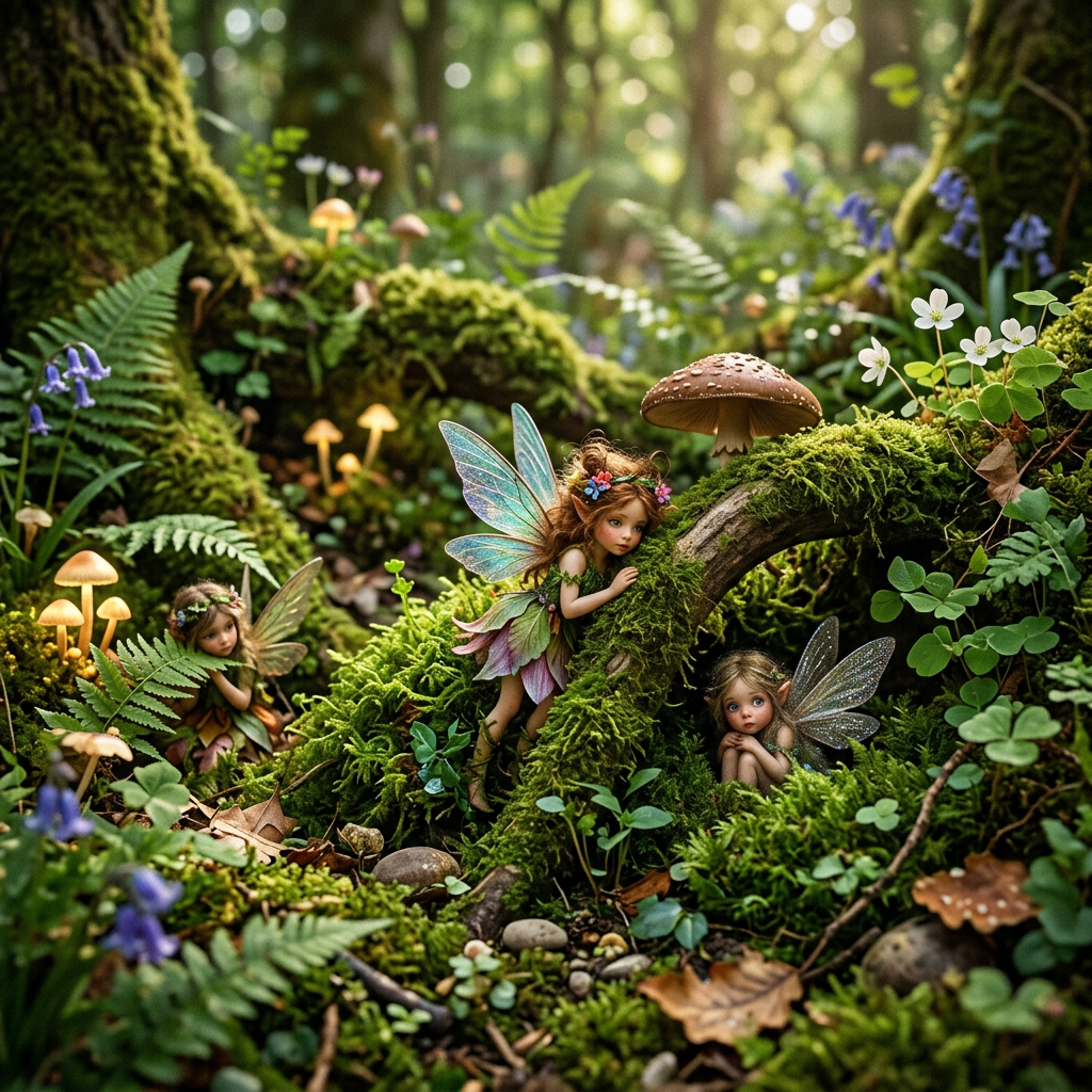 Three fairies with wings among moss, mushrooms, ferns, and flowers